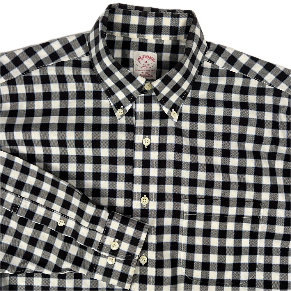 Brooks Brothers 346 Sz Mens M Non-Iron B&W Checked Long-Sleeve Button-Down Shirt